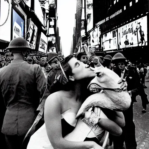 Image similar to black and white flash photograph of a world war 2 - era sailor kissing a llama in times square on vj day in the style of weegee.