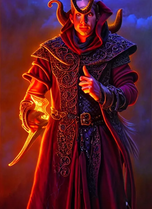 Image similar to tiefling bard, full body, hyper realistic, extremely detailed, dnd character art portrait, dark fantasy art, intricate fantasy painting, dramatic lighting, vivid colors, deviantart, artstation, by larry elmore.