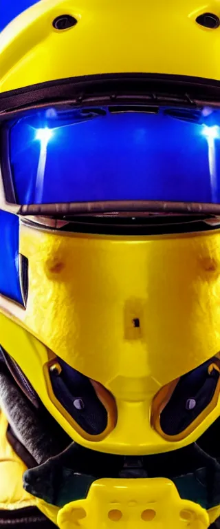 Image similar to Soft yellow-suited usurper alien soldier with soft-yellow motocross helmet with blue glowing visor, holding an alien soft yellow energy rifle.