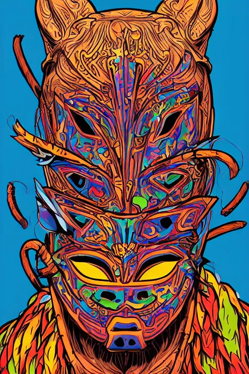 Image similar to animal mask totem roots flower tribal feather gemstone plant wood rock shaman vodoo video game vector cutout illustration vivid multicolor borderlands comics by josan gonzales and dan mumford radiating a glowing aura