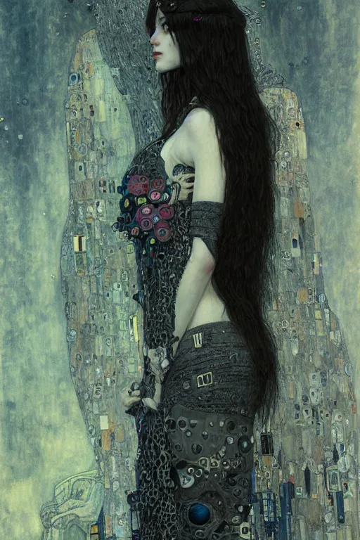 Prompt: beautiful young gothic maiden, cyberpunk, highly detailed, artstation, illustration, art by Gustav Klimt