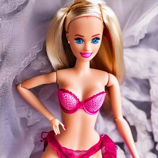 Prompt: barbie doll in panties and bra, lace, full length, fishnet tights, several dolls in one photo, banana color, 4 k