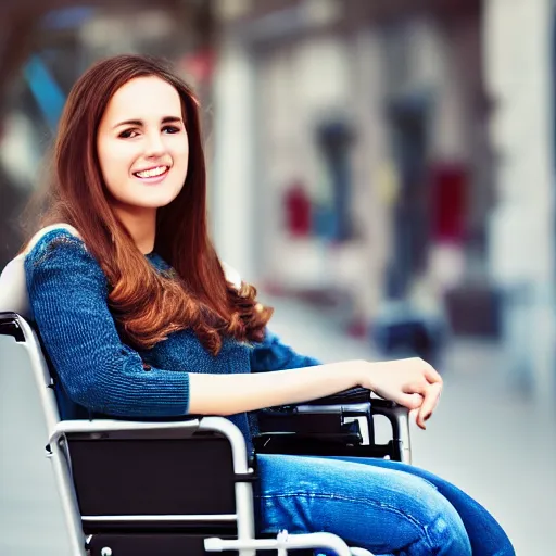 Prompt: a young beautiful woman on a wheelchair, highly detailed, DSLR photograph