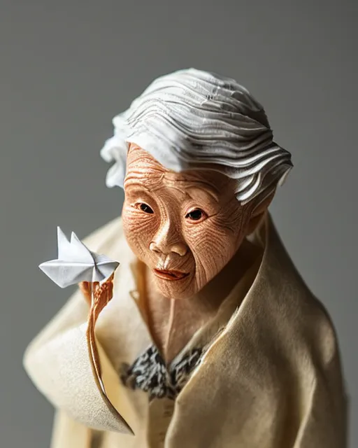 Image similar to an origami wrinkled old fisherlady by akira yoshizawa, realistic, very detailed, complex, intricate, studio lighting, bokeh, sigma 5 0 mm f 1. 4