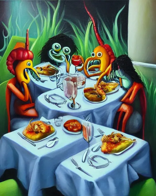 Prompt: “shrimpman’s having dinner with friends at the restaurant 666, detailed oil paint, discopunk”