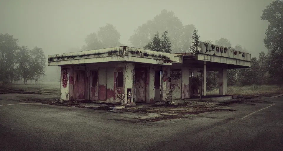 Image similar to Old abandoned gas stations on the side of the road to nowhere, evil, demonic, enchanting, misty, haze, cloudy, angelic, flowers, nature, environment concept, cinematic, cgsociety, dim and dark lighting, cinematic, intricate details, 8k detail post processing, hyperealistic, photo realism, by Stephen King