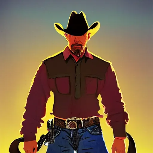 Prompt: Bright, colorful, realistic cowboy rpg single individual headshot dramatic backlighting, kodachrome, high contrast, highly detailed, sharp focus, digital painting, concept art, illustration, trending on artstation, comic book by Alex Ross cover art