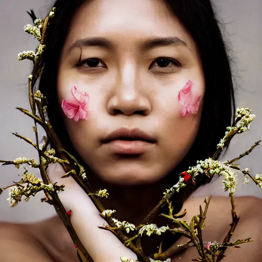 Image similar to photography of the asian queen sitting in the flower thorn, beautiful face, masterpiece costume, jewellery, high quality, elegant, emotionally touching, cool, deep gaze, mystery, tenderness, joe mcnally style