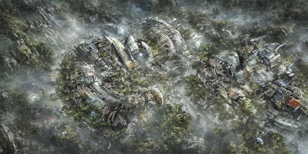 Image similar to small human settlement on an alien planet wilderness, sci fi, view from above, style of Aleksi Briclot and Andreas Roch