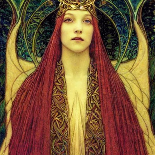 Prompt: beautiful young medieval queen by jean delville, art nouveau, symbolist, visionary, gothic