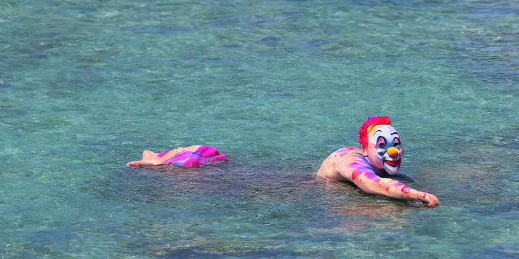 Prompt: clown swimming in the beach