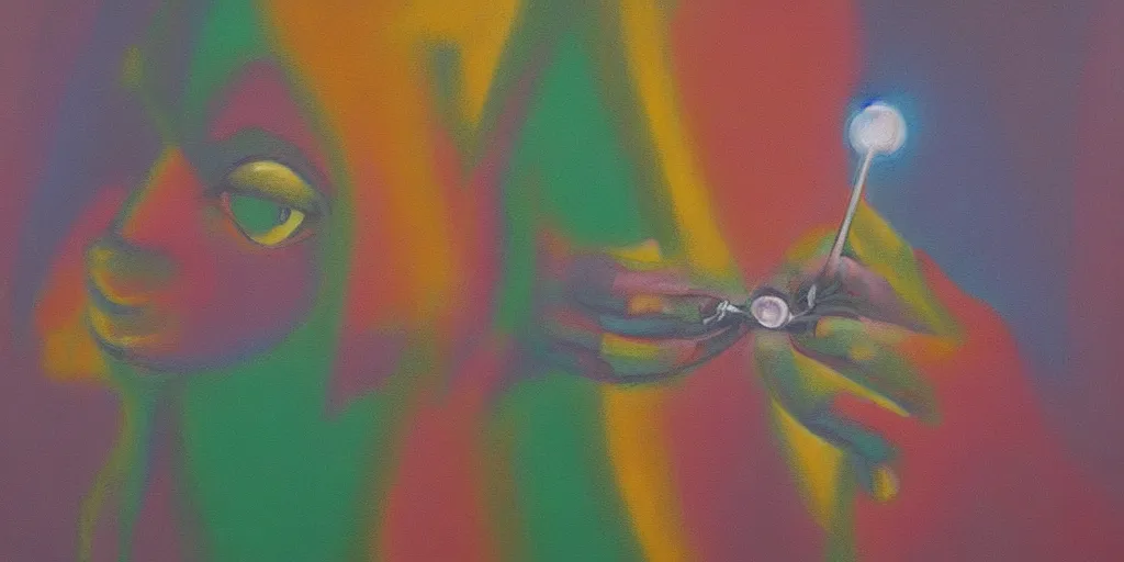 Image similar to pastel abstract painting of a man removing a nail from his third eye