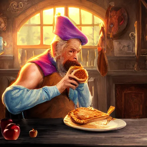 Image similar to magic wizard eating an apple pie, high detail, digital art, unreal engine, artstation, popular, magical, cinematic,