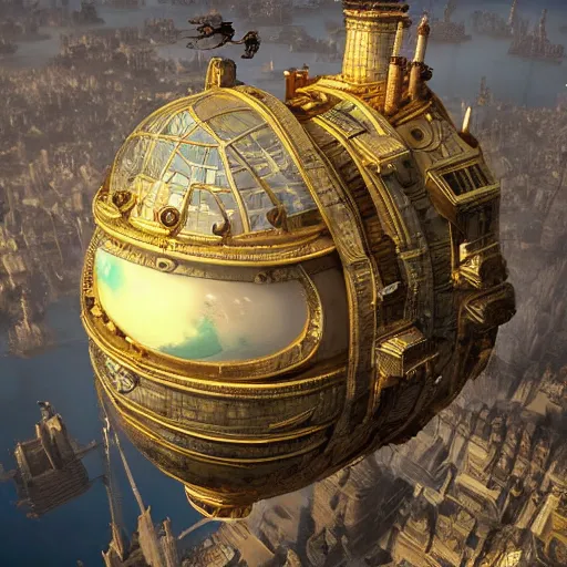 Image similar to enormous flying city in a faberge egg, sky, steampunk, fantasy art, masterpiece, unreal engine