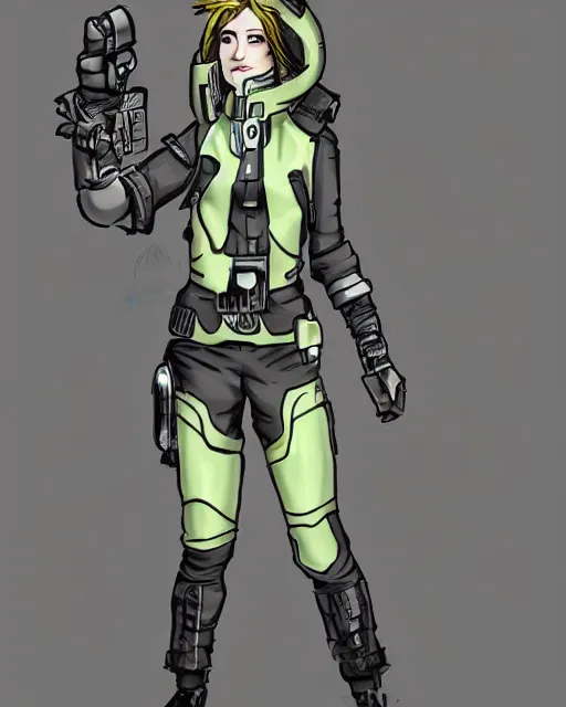 Prompt: a character design of a female space pirate with a slim fitting military style spacesuit with pouches along the waist