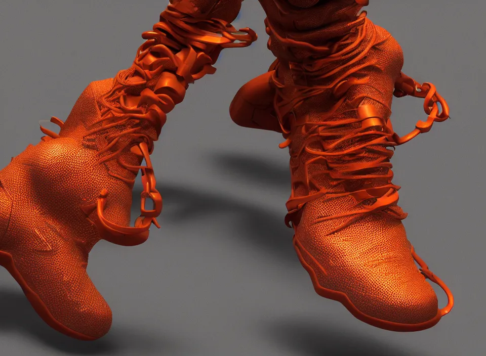 Image similar to realistic 8 k sculpture of 1 futuristic sneaker with neon illuminated rubber soles and soft orange shoelaces on a textured grey surface, clean 3 d render, beautiful studio lighting, soft, sharp focus, cyberpunk, intricate detail, gold and red accents, soft rubber, octane render, trending on artstation, deviantart, art by syd mead