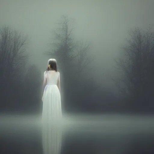 Prompt: a ghostly woman in a white dress rising from a misty lake dripping wet, high resolution photograph, autumn, sunrise, eerie light