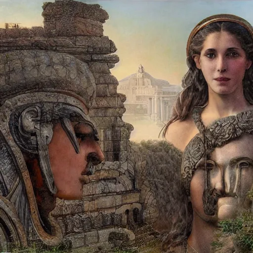 Image similar to young ancient greek godess in helmet, giant gray-haired bearded male head in background, ancient greek temple in background, by David Ligare, wide angle landscape, award winning masterpiece with incredible details, epic stunning, infinity pool, highly detailed, trending on ArtStation, artgerm and greg rutkowski and alphonse mucha, IAMAG, broken giant marble head statue ruins, golden hour