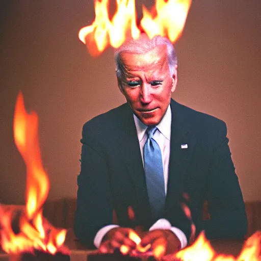 Image similar to joe biden playing with fire, film still, cinematic lighting