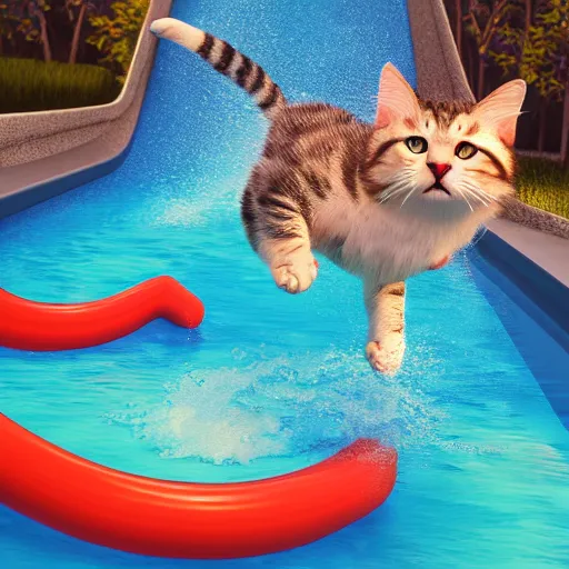 Image similar to cat sliding down a water slide, water park, cat having fun, cute, water splashes, pool, by Mateusz Urbanowicz, 8k character concept art, by WLOP, rainbow magic particles, cinematic lighting, trending on artstation, symmetrical portrait symmetrical, highly detailed CGsociety, hyper