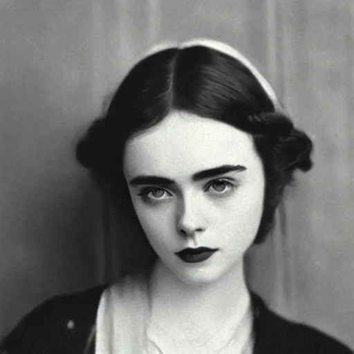 Prompt: headshot edwardian photograph of elle fanning, lily collins, scarlett johansson, 1 9 2 0 s film actress, realistic face, ethereal, 1 9 1 0 s, grainy, victorian, soft blur