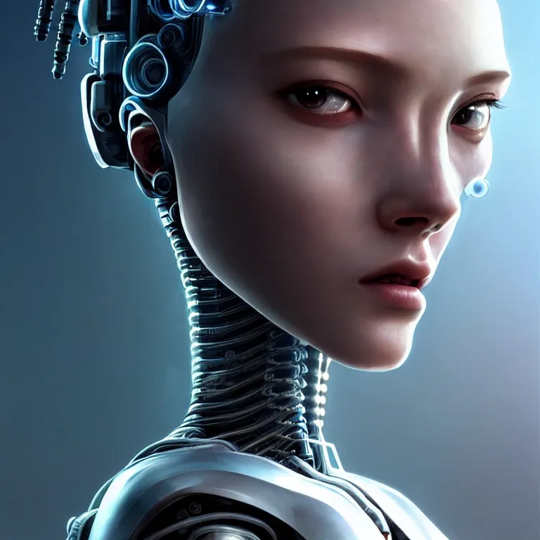 Image similar to ultra detailed, Mechanical Cyberpunk Female Android, looking into the camera!!, intricate, elegant, super highly detailed, professional digital painting, artstation, concept art, smooth, sharp focus, no blur, no dof, extreme illustration, Unreal Engine 5, Photorealism, 8k, cinematic, art by artgerm and greg rutkowski and alphonse mucha and loish and WLOP