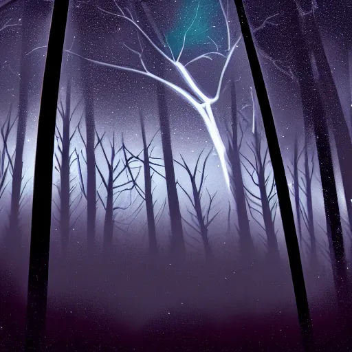 Image similar to A dark forest in the night from where you can see the Orion Nebula in the sky, digital illustration highly detailed, elegant, faint dynamic lighting, 4K