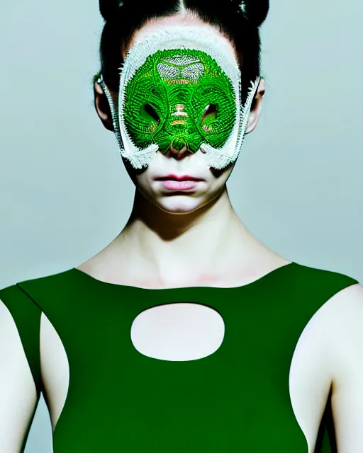 Image similar to portrait of a woman wearing a white embroidered translucent silicone mask and white green frizzy hair buns, wearing a black bodysuit by alexander mcqueen, cream white background, soft diffused light, biotechnology, humanoide robot, bjork aesthetic, translucent, by rineke dijkstra, intricate details, highly detailed, masterpiece,