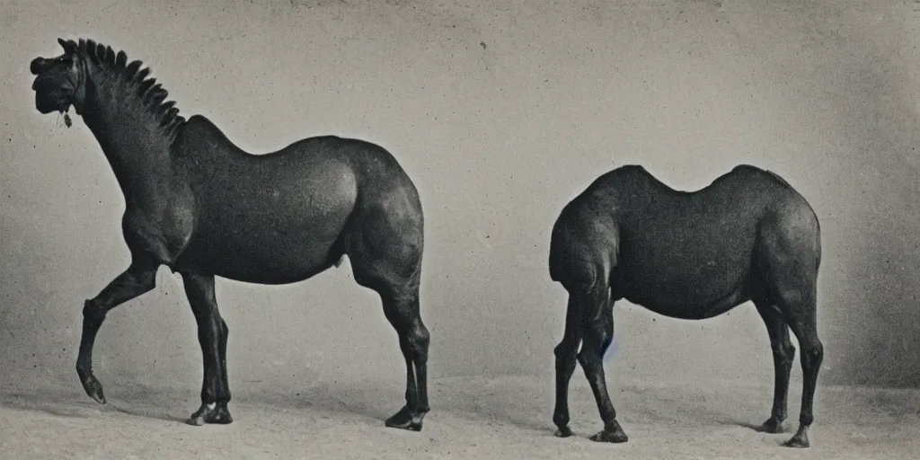 Prompt: cathorsecamel, strange, black and white, photograph, 1850s