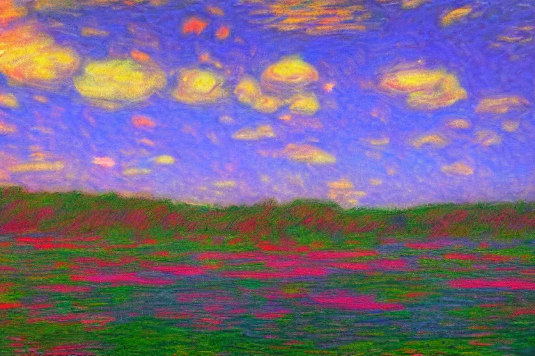 Prompt: Under a technicolor sky, in the style of Monet