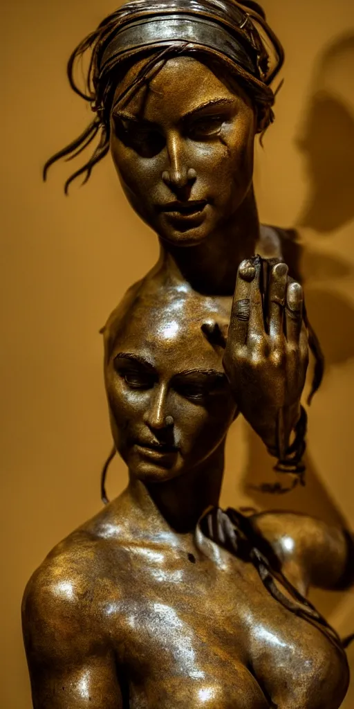 Image similar to detailed photo of an old bronze patina statue of a beautiful lara croft posing for a portrait, intricate detail, museum diffuse lighting