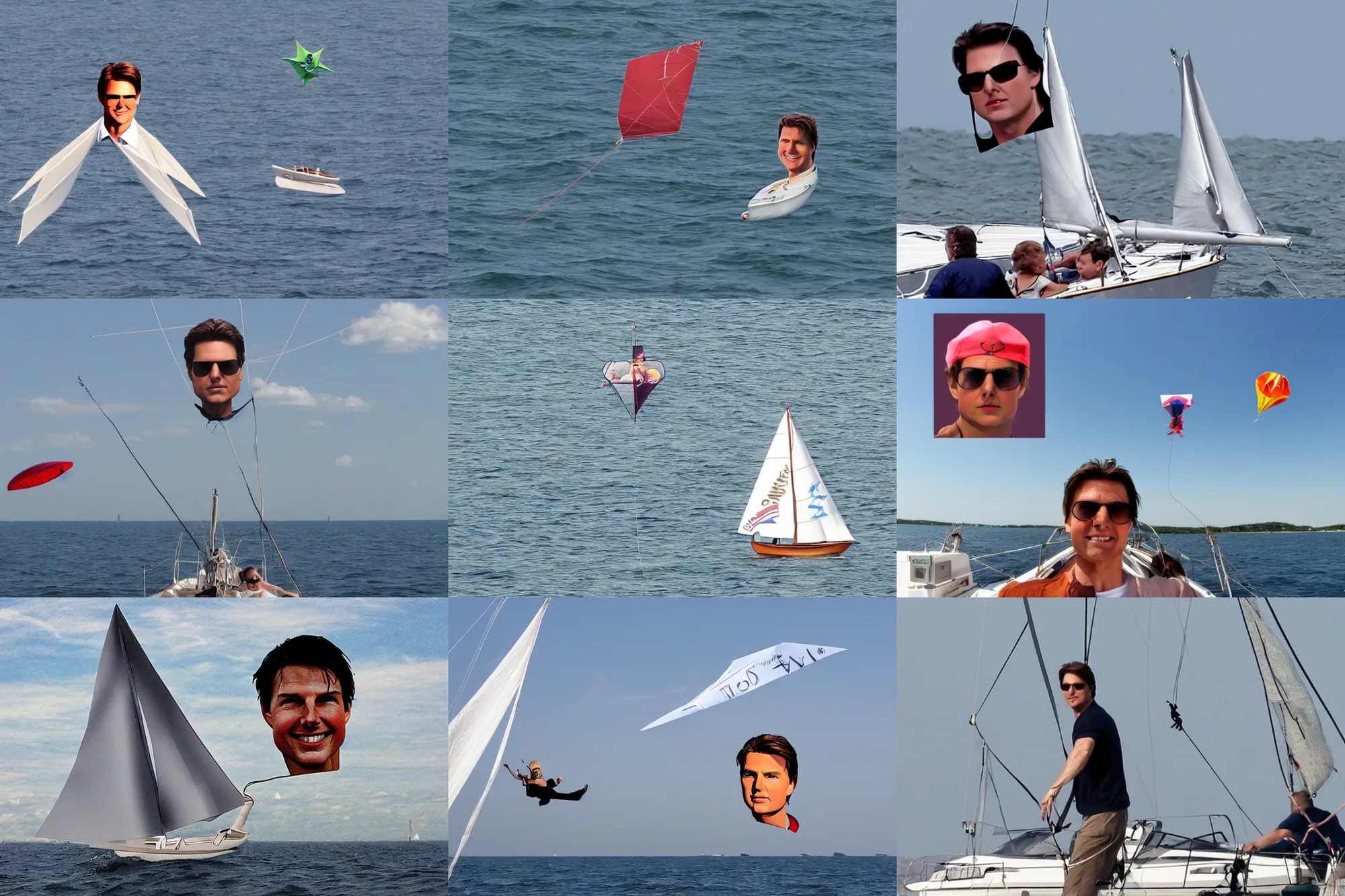 Prompt: sailboat with tom cruise head as kite
