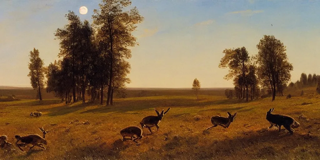 Prompt: autumn landscape with hares with horns eating grass, faint sunrise, lush field, forest, matte painting, by Isaac Levitan and Vasily Perov