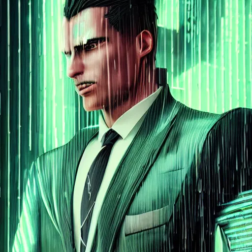 Prompt: stylish cartoon portrait made out of rain, pinstripe suit, cyberpunk background, rendered in octane, unreal engine, highly detailed, trending on artstation, realistic, neon, beautiful, volumetric lighting, depth of field