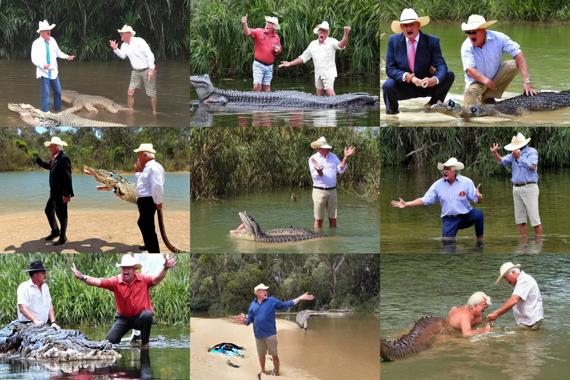 Prompt: Bob Katter yelling at a crocodile, paparazzi photo