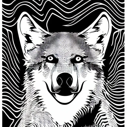 Prompt: a black and white vector based illustration of a wolf, created in Adobe illustrator and Coreldraw, in the style of Akira, black ink shading on white background, smooth and clean vector curves, no jagged lines, vinyl cut ready