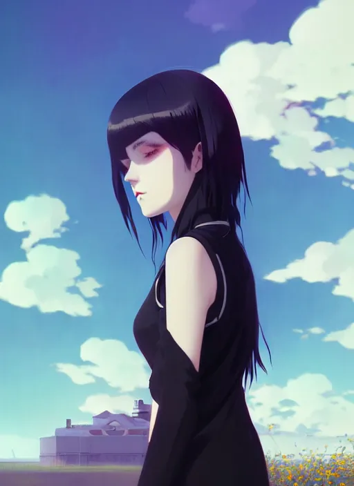 Image similar to portrait of a goth girl by ilya kuvshinov, cloudy sky background lush landscape illustration concept art anime key visual trending pixiv fanbox by greg rutkowski makoto shinkai studio ghibli