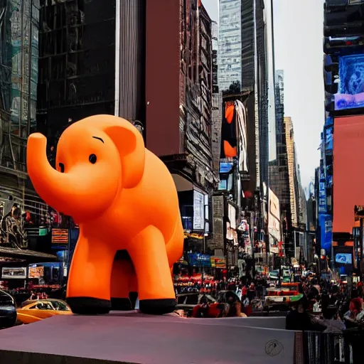 Image similar to an orange elephant on a skateboard in times square at sunset