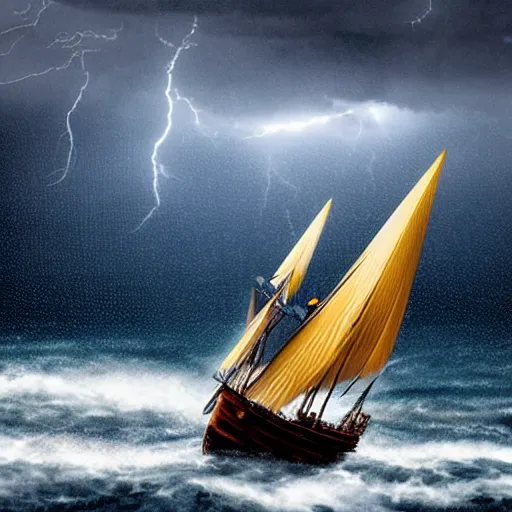 Image similar to A large, very old, wooden ship sailing across the ocean in the middle of a huge rain storm, with lots of dark clouds and lightning, very realistic.