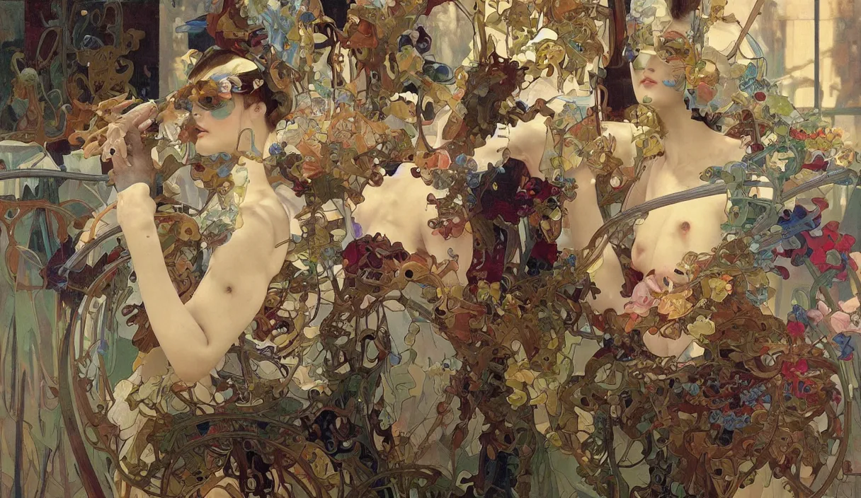 Prompt: Still of a humanoid robot creating art with painting, high detail, cinematic, art by tian zi and WLOP and alphonse mucha