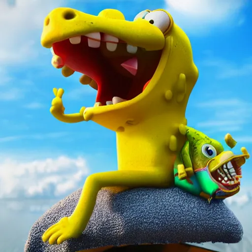 Image similar to spongebob squarepants riding a dinosaur, 3 d render, high quality, realistic, photorealistic