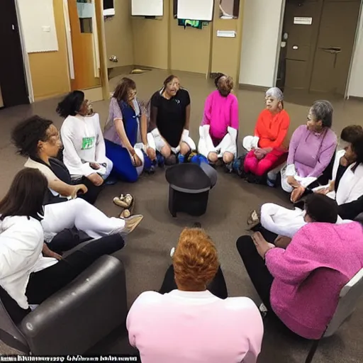 Prompt: royal queens sitting in a circle at the rehab clinic