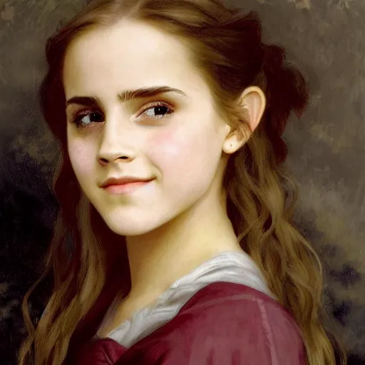Prompt: Painting of Emma Watson as Hermione Granger. Young. Smiling. Happy. Cheerful. Prisoner of Azkaban. Art by william adolphe bouguereau. Very very very very very very very very very very very very much detailed. Beautiful. 4K. Award winning.