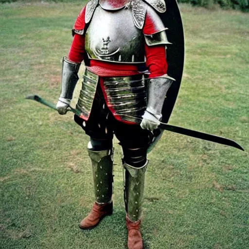 Prompt: photo of donald trump, kodak portra 4 0 0, wearing knight ’ s armor, two arms, two legs, symmetrical face, donald trump ’ s face, donald trump, donald trump holding a mythical sword, highly detailed