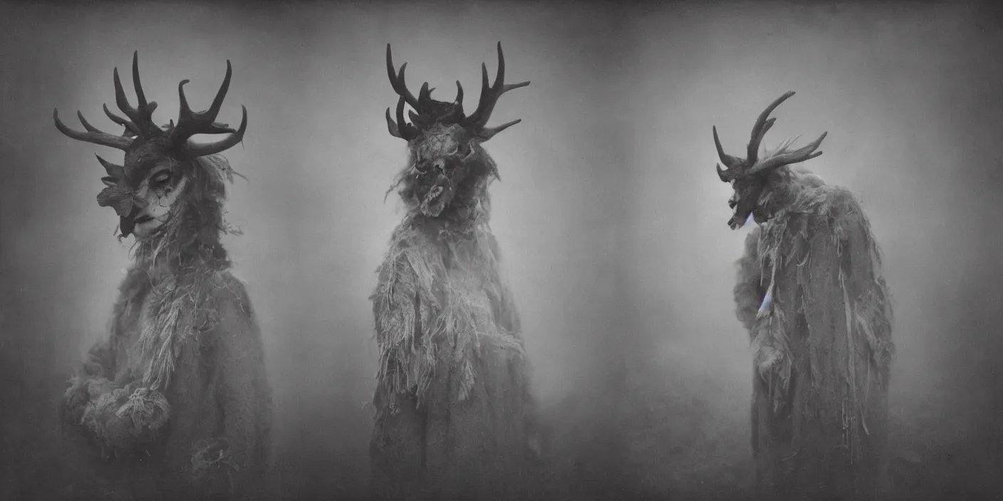 Prompt: portrait photography of tyrolean farmer wearing dragon costume, antlers on head, fog, clothes made from hay, desaturated, fog, dark, eerie, 1 9 2 0 s ghost photography