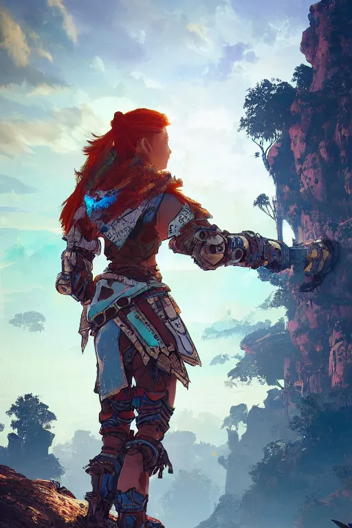 Image similar to combination suit armor aloy horizon forbidden west horizon zero dawn radiating a glowing aura global illumination ray tracing hdr fanart arstation by ian pesty and alena aenami artworks in 4 k tribal robot ninja mask helmet backpack