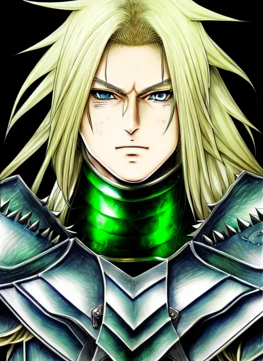 Prompt: a detailed manga full body portrait illustration of a man with long blonde hair and blue eyes wearing evil green spiked armour in a desolate place by hirohiko araki, detailed artwork, realism, 4 k resolution, detailed, high quality, sharp focus, hq artwork, insane detail, volumetric lighting, character concept art, fine details, clear subject, central subject