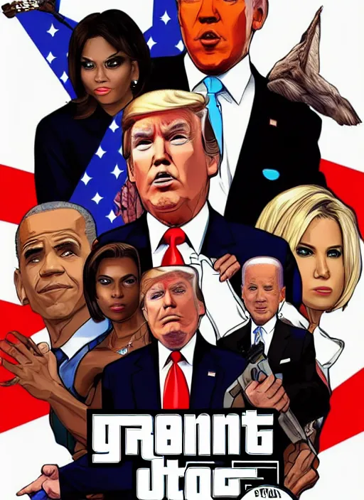 Image similar to GTA Cover Art, Obama, Biden, Trump