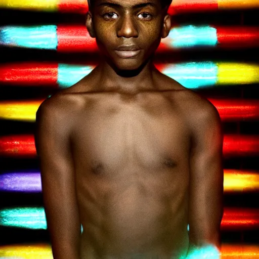 Prompt: a black boy with colored dread, in dark room, flash, polaroid effect, 4 k, high resolution