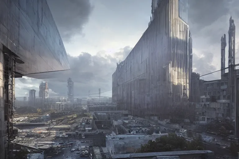 Image similar to streetscape, a towering cathedral of brutalist architecture, buildings covered with greebles, stunning volumetric light, sunset, metal, concrete and translucent material, stunning skies, majestic landscape, trending on Artstation, 8k, photorealistic, hyper detailed, unreal engine 5, IMAX quality, cinematic, epic lighting, in the style of Greg Rutkowski